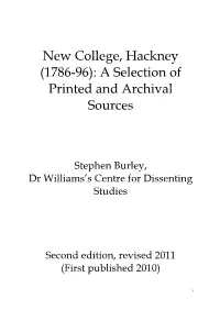 New College, Hackney (1786-96): a Selection of Printed and Archival Sources