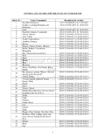 1 CENTRAL LIST of Obcs for the STATE of UTTRAKHAND Entry No