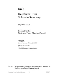 Draft Deschutes River Subbasin Summary
