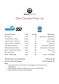 Dive Courses Price List