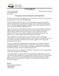STATEMENT for Immediate Release Ministry of Attorney General 2021AG0040-000606 April 1, 2021 Parliamentary Secretary͛s Statement on Sikh Heritage Month