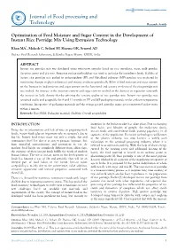 Optimization of Feed Moisture and Sugar Content in the Development of Instant Rice Porridge Mix Using Extrusion Technology