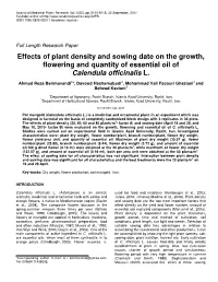 Effects of Plant Density and Sowing Date on the Growth, Flowering and Quantity of Essential Oil of Calendula Officinalis L