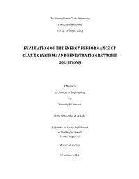Evaluation of the Energy Performance of Glazing Systems and Fenestration Retrofit Solutions