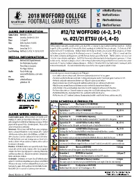 2018 Wofford College Football Game Notes