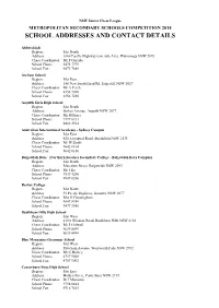 Schools Competition 2014 School Addresses and Contact Details