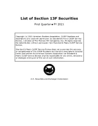 List of Section 13F Securities, First Quarter 2021