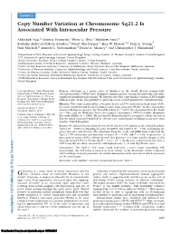 Copy Number Variation at Chromosome 5Q21.2 Is Associated with Intraocular Pressure