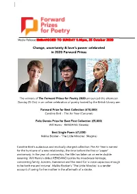 Change, Uncertainty & Love's Power Celebrated in 2020 Forward Prizes