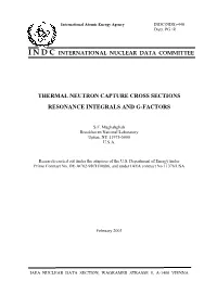Thermal Neutron Capture Cross Sections Resonance Integrals and G-Factors