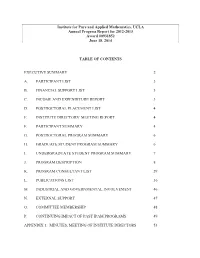 Institute for Pure and Applied Mathematics, UCLA Annual Progress Report for 2012-2013 Award #0931852 June 18, 2014 TABLE of CONT