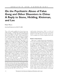 On the Psychiatric Abuse of Falun Gong and Other Dissenters in China: a Reply to Stone, Hickling, Kleinman, and Lee