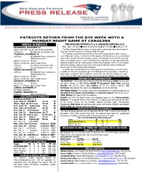 Patriots Return from the Bye Week with a Monday Night Game at Carolina