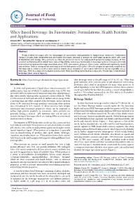 Whey Based Beverage: Its Functionality, Formulations, Health