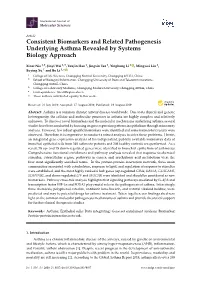 Consistent Biomarkers and Related Pathogenesis Underlying Asthma Revealed by Systems Biology Approach