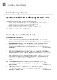 Questions Tabled on Wed 25 Apr 2018