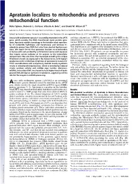 Aprataxin Localizes to Mitochondria and Preserves Mitochondrial Function