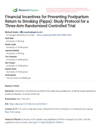 Financial Incentives for Preventing Postpartum Return to Smoking (Fipps): Study Protocol for a Three-Arm Randomised Controlled Trial