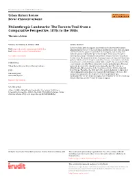 Philanthropic Landmarks: the Toronto Trail from a Comparative Perspective, 1870S to the 1930S Thomas Adam