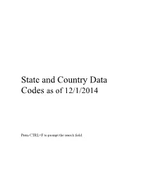 State and Country Data Codes As of 12/1/2014