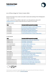List of Recordings for Poetry Screen 2021