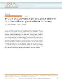 TYGS Is an Automated High-Throughput Platform for State-Of-The-Art Genome-Based Taxonomy