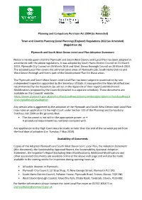 Plymouth and South West Devon Joint Local Plan Adoption Statement