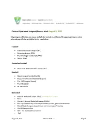 Current Approved Leagues/Events As of August 9, 2021