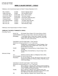 WEEK 10 INJURY REPORT -- FRIDAY 6=3 Following Is a List of Quarterback Injuries for Week 10 Games (November 12-13)