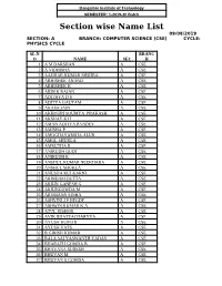 Section Wise Name List 09/08/2019 SECTION: a BRANCH: COMPUTER SCIENCE (CSE) CYCLE: PHYSICS CYCLE