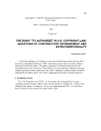 The Right "To Authorize" in Us Copyright Law: Questions of Contributory