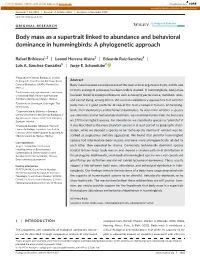 Body Mass As a Supertrait Linked to Abundance and Behavioral Dominance in Hummingbirds: a Phylogenetic Approach