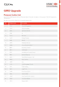 GIRO Upgrade Purpose Codes List