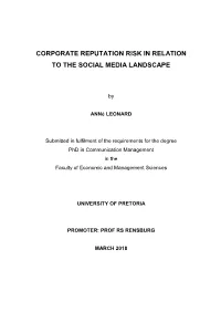 Corporate Reputation Risk in Relation to the Social Media Landscape