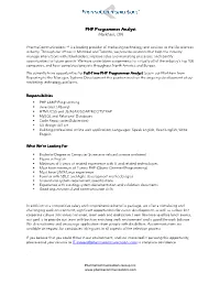 PHP Programmer Analyst Markham, ON