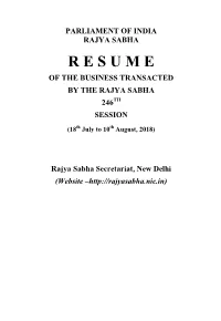 R E S U M E of the Business Transacted by the Rajya Sabha 246Th Session