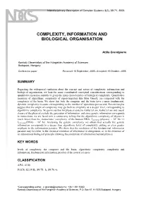 Complexity, Information and Biological Organisation
