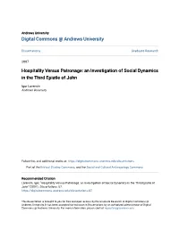 Hospitality Versus Patronage: an Investigation of Social Dynamics in the Third Epistle of John