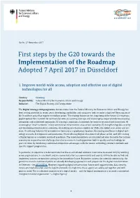 First Steps by the G20 Towards the Implementation of the Roadmap Adopted 7 April 2017 in Düsseldorf