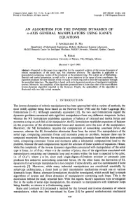 AN ALGORITHM for the INVERSE DYNAMICS of N-AXIS GENERAL MANIPULATORS USING KANE's EQUATIONS
