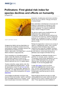 Pollinators: First Global Risk Index for Species Declines and Effects on Humanity 16 August 2021