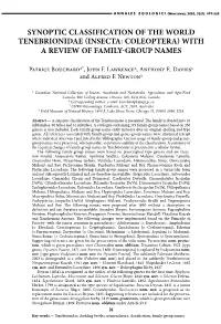 Synoptic Classification of the World Tenebrionidae (Insecta: Coleoptera) with a Review of Family-Group Names