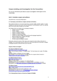 Unit 3: Available Corpora and Software