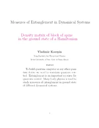 Measures of Entanglement in Dynamical Systems Density Matrix