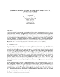 Verification and Validation of Ethical Decision-Making in Autonomous Systems