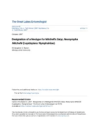 Designation of a Neotype for Mitchellâ•Žs Satyr, Neonympha Mitchellii