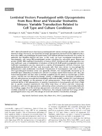 Lentiviral Vectors Pseudotyped with Glycoproteins from Ross River and Vesicular Stomatitis Viruses: Variable Transduction Related to Cell Type and Culture Conditions