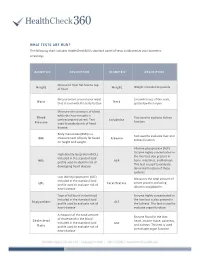 WHAT TESTS ARE RUN? the Following Chart Includes Healthcheck360’S Standard Panel of Tests Conducted at Your Biometric Screening