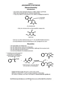 ADVANCED SYNTHESIS Stereochemistry Introduction