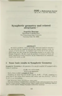 Symplectic Geometry and Related Structures •'